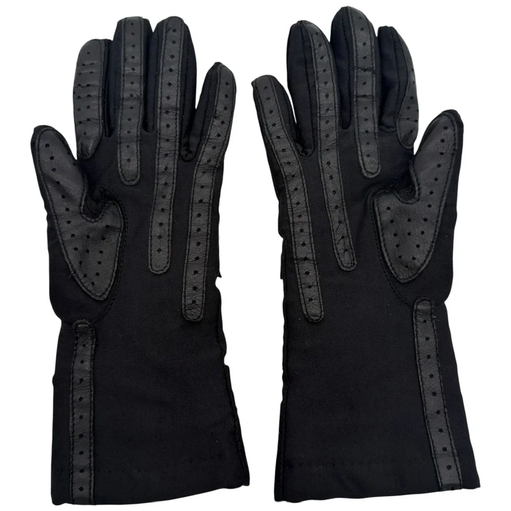 Vintage Isotoner Aris Warm-Ups Black Gloves Leather Chevron Lined Women's OS